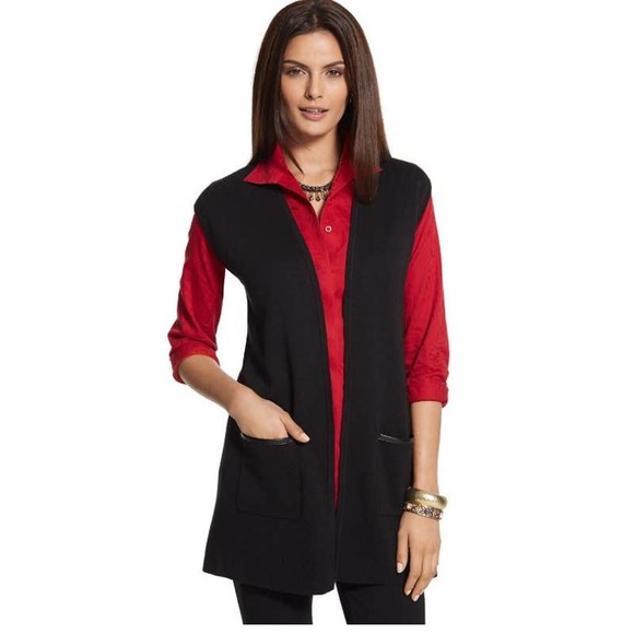 Chico's Black Open Long Sweater Cardigan Trimmed Pocket Maggie Vest-size 1 - Picture 1 of 8
